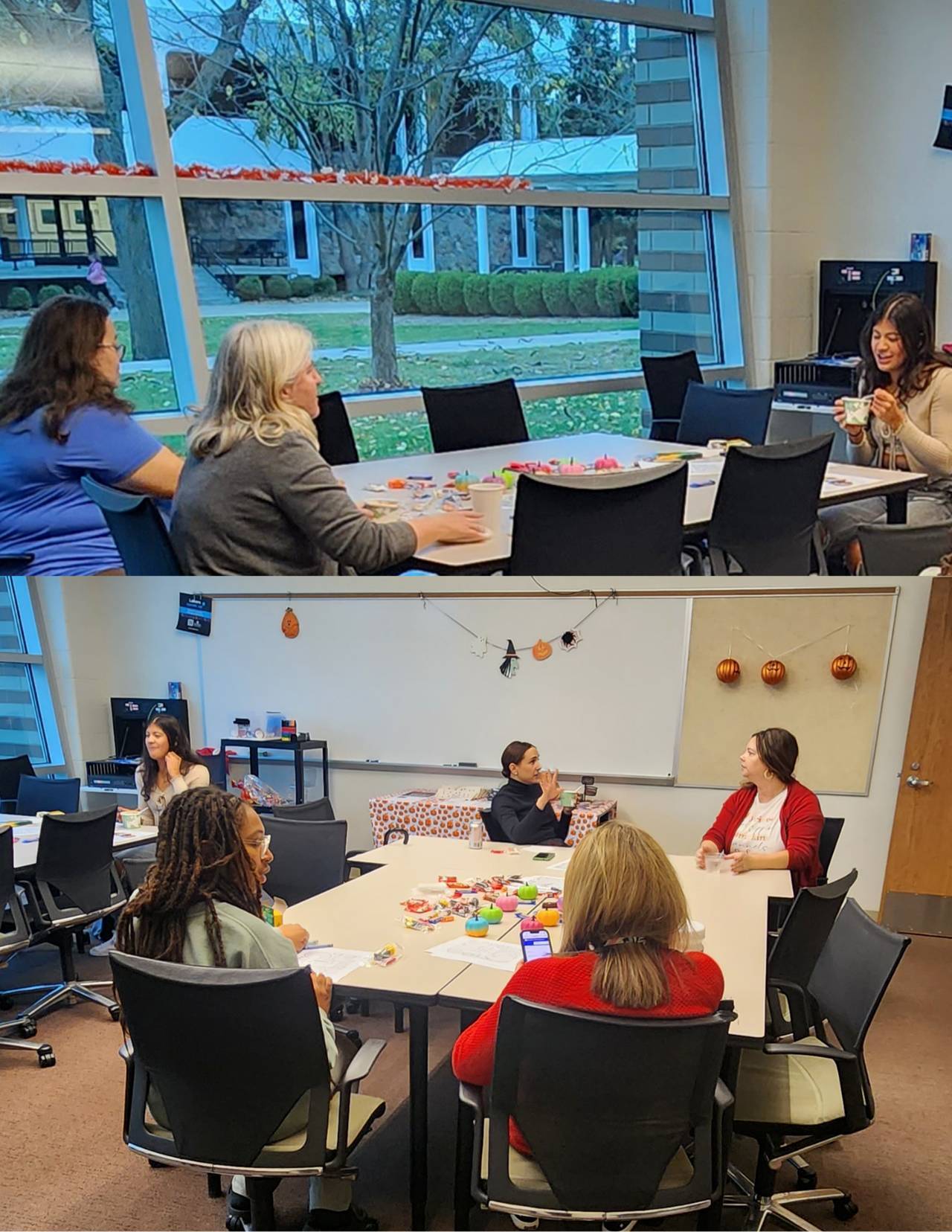 Two photos combined, both showing people sitting at a Halloween themed table with decorating and coloring supplies, enjoying soup, doughnuts, and having conversation